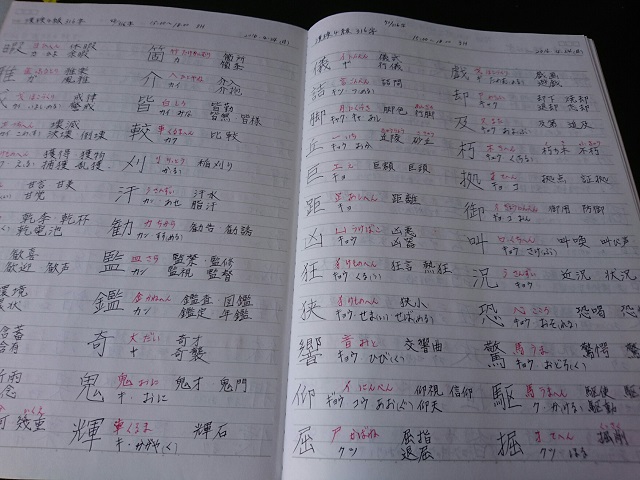 漢検4級から2級までの配当漢字をノートに書き写している途中
